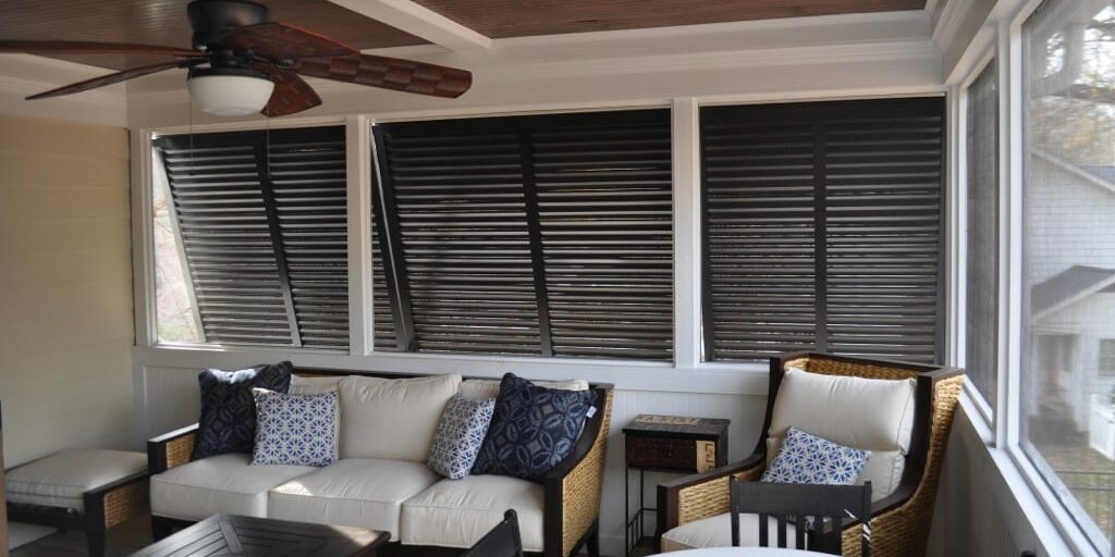 Bahama Shutters Aluminum Bahama Shutters are a clever, effective option for your windows, storefronts, patios, porches, glass doors, and decks. They bring you classic style with modern durability; a popular and lightweight choice.